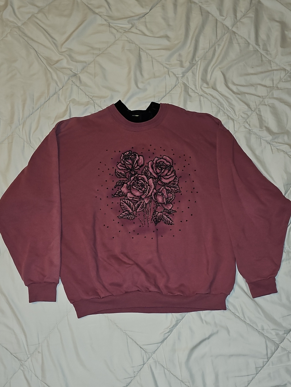 Morning Sun Vtg Sweater L/XL Roses Beaded Pullover Fleece Lined Mauve Pink Comfy